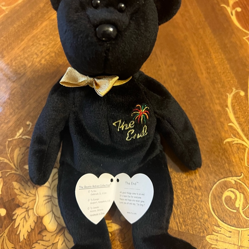 Vintage 1999 TY Beanie Baby BLACK "THE END" TEDDY BEAR 8" Stuffed Animal toy